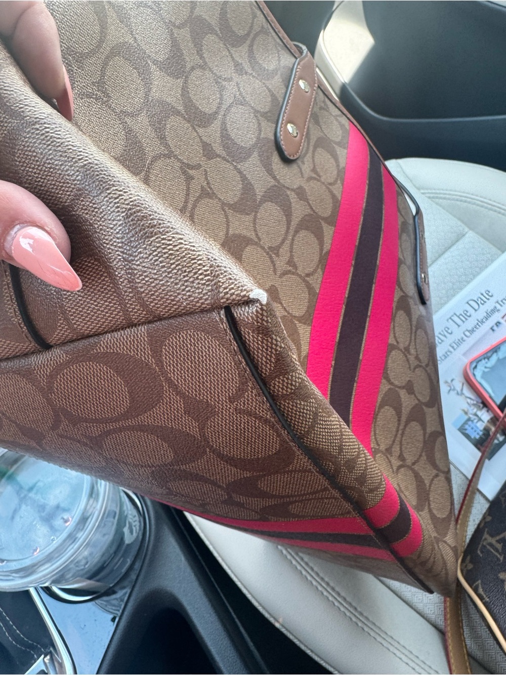 Coach Signature Stripe Tote Bag Brown Canvas Pink Red Stripe Large Carryall - Picture 12 of 12